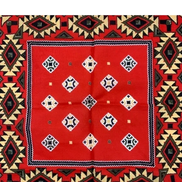 VTG NEW Crisp Aztec Native Scarf Handkerchief/Bandana/ Red/White/Mustard 21"x21" - Picture 7 of 8